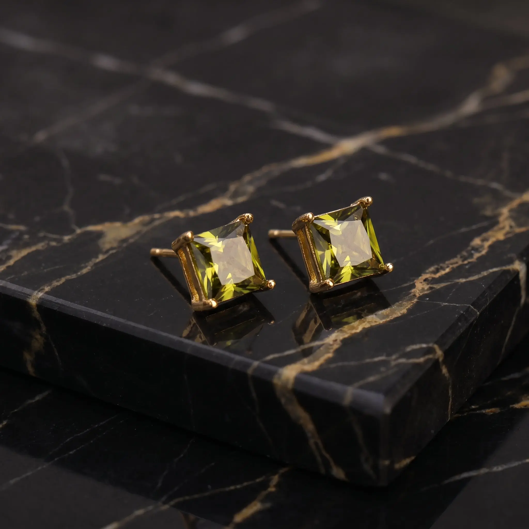 Peridot Cz Earrings Square 14k Gold over 925 Sterling Silver