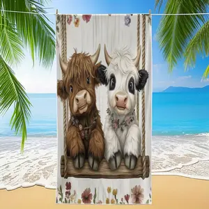 1PC Cute Cow Print Beach Towel - Soft Highly Absorbent  Quick-Drying Adorable Highland Cow with Floral Pattern Design Ideal for Pool Beach  Gym Use Unisex Fast-Drying Fabric Swim Towels