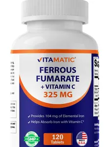 Vitamatic Ferrous Fumarate 325 mg + Vitamin C 100 mg (104 mg Elemental Iron) – High Potency Iron Supplement – Gentle on Stomach, 120 Tablets, Made in USA