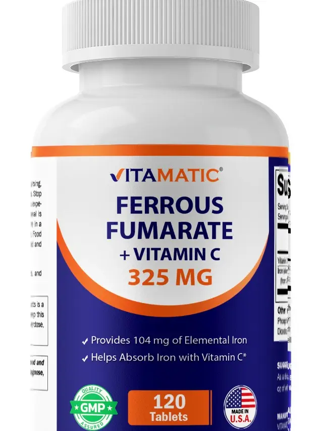 Vitamatic Edible Ferrous Fumarate 325 mg + Vitamin C 100 mg (104 mg Elemental Iron) Essential Minerals Supplement, High Potency, Gentle on Stomach, Lactose Free, Energy-Boosting, Supports Fitness & Metabolism, 120 Tablets, Made in USA