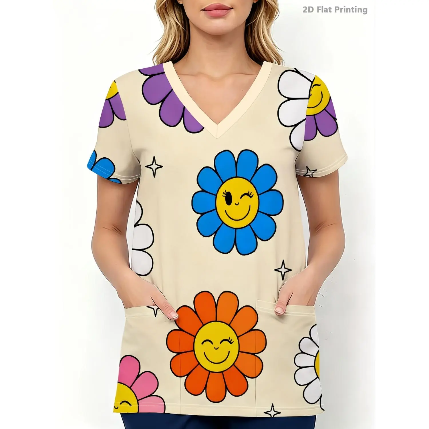Vibrant Multicolor Daisy & Smiley Face Women's V-Neck Pocket Tee - Soft Short-Sleeve Top