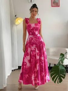 Women's Floral Print Long Dress, Ruffle Shoulder Straps Square Neck Backless Cake Dress, Vacation/date/island/picnic/cute Sweet Style