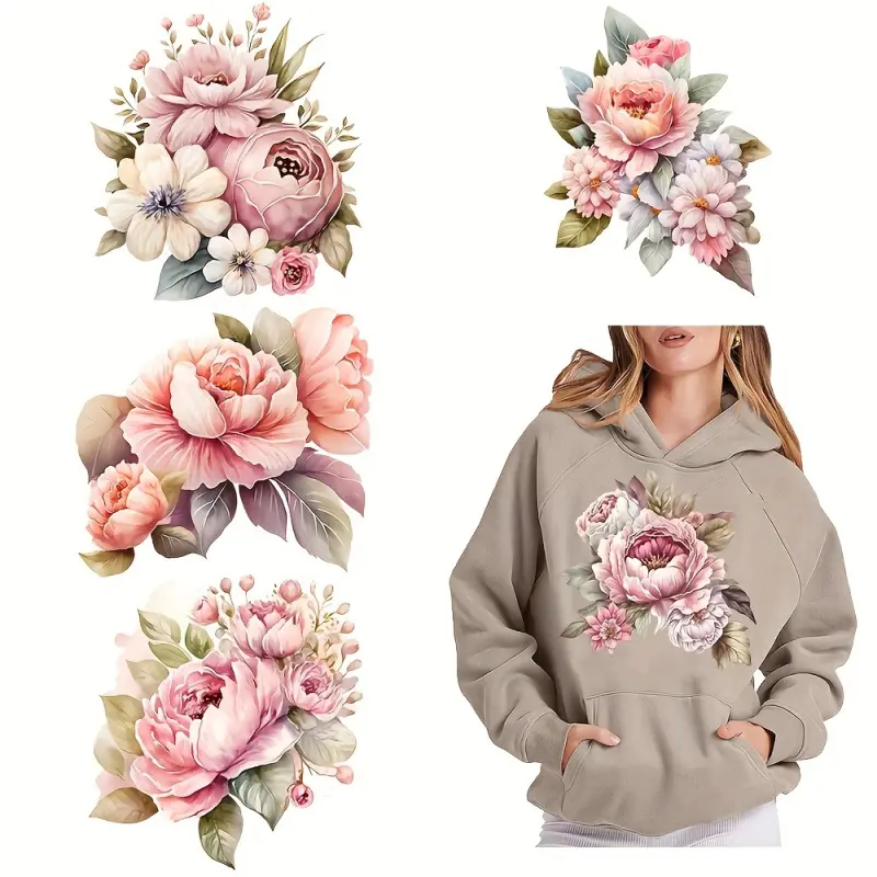 6 Pink Floral DTF Heat Transfer Vinyl Stickers - DIY Iron-On Patches, Crafts, Durable Vinyl Material with Artistic Peony and Flower Patterns, DIY Flower Decor | Perfect for T-Shirts, Pillows, Sewing Supplies & Accessories