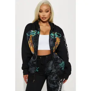 Ed Hardy Crawling Tigers Zip Front Hoodie - Black L