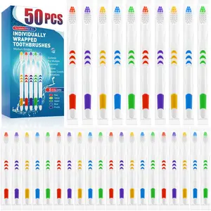 Name Premium 50 PCS Individually Wrapped Toothbrush Pack Disposable Kids Toothbrush Medium Soft Bristle Ergonomic Handle Travel Hotel Donation
