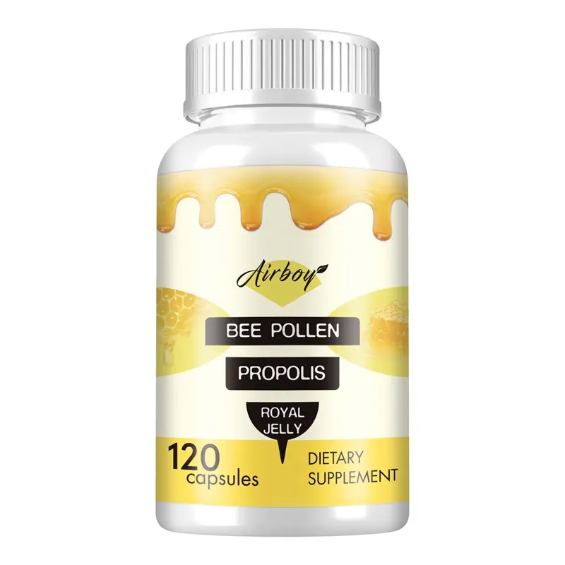 Airboy bee pollen, propolis, and royal jelly capsules support brain, heart, gut, and immune system health. Available in 60-capsule and 120-capsule packs.