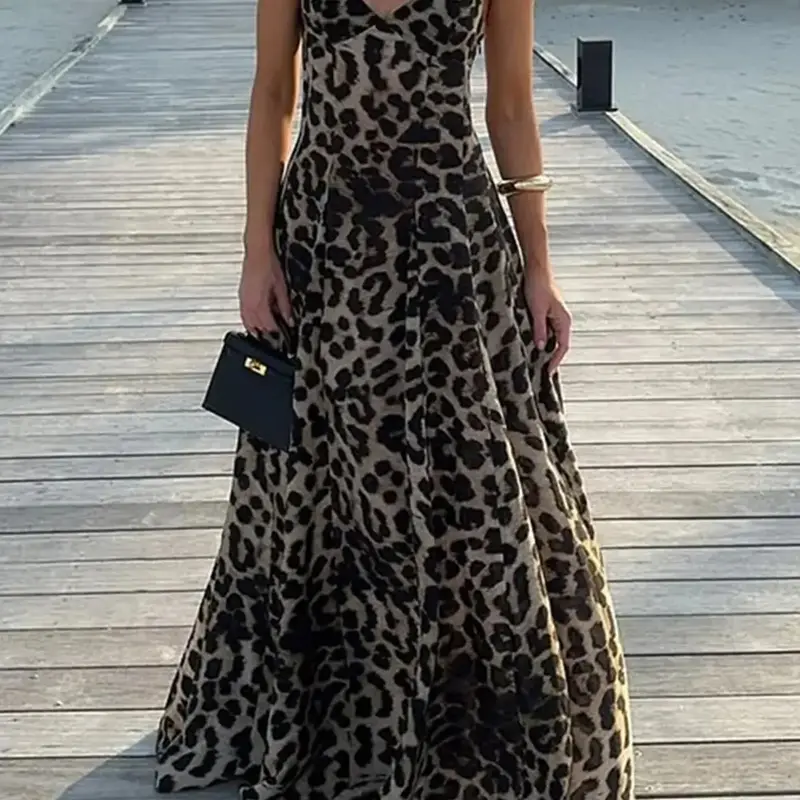 Women's Leopard Print Halter Neck Dress, Sleeveless Backless Adjustable Spaghetti Strap Design, Casual Summer Party, Elegant Women's Clothing, Straps, Womenswear, Fashion Dress