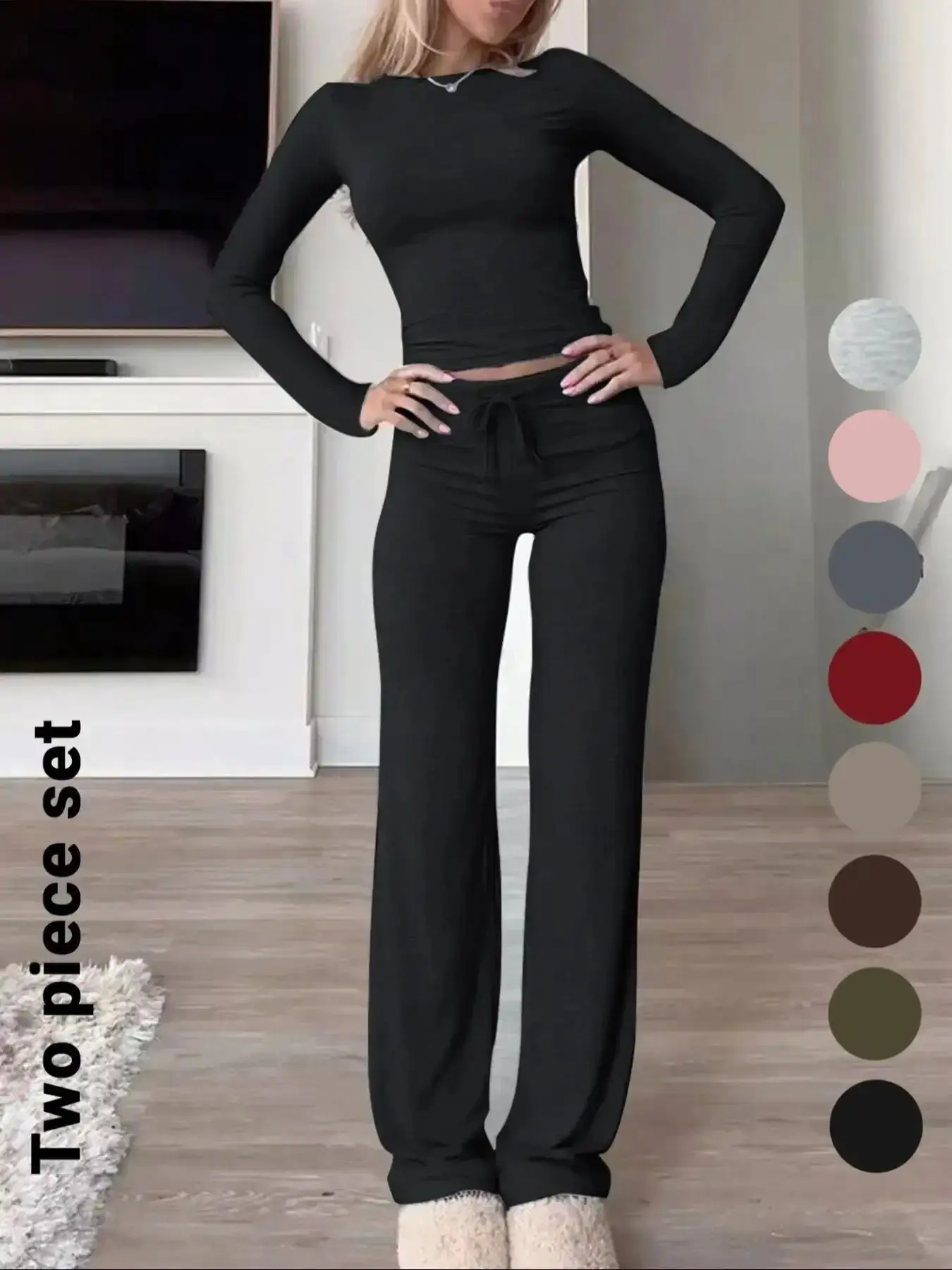 Women's Solid-Color Long-Sleeve Soft Thick Knit Fabric Crop Tee & High-Waisted Drawstring Pants Two-Piece Set, Casual Slim-Fit Everyday Outfit for Fall and Winter, Womenswear effortless athleisure