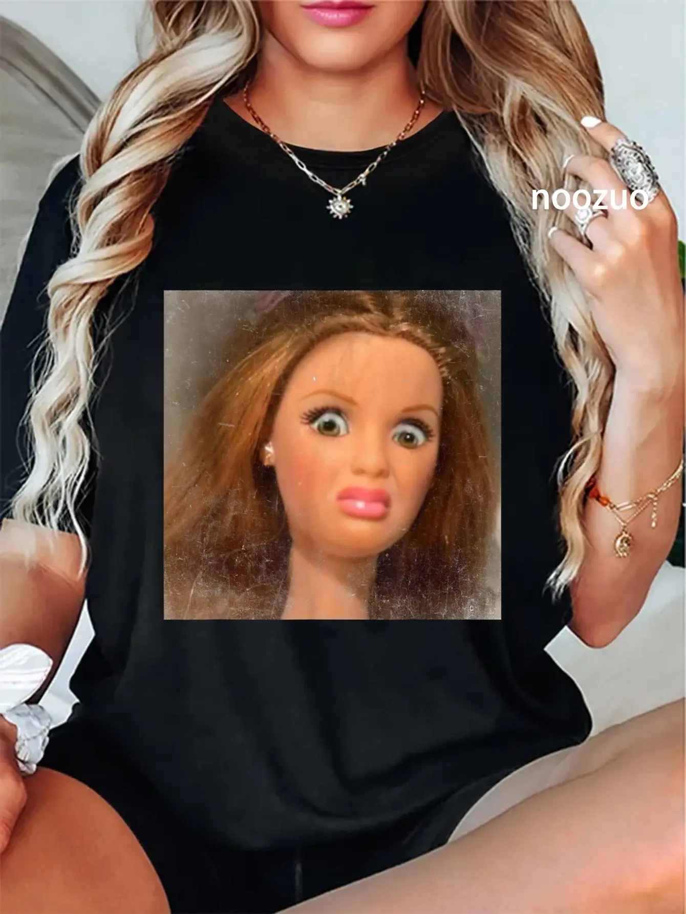 Women's Graphic T-shirt with Funny Doll Face Meme Print, Whimsical Cotton Top, Casual Fit Shortsleeve Round Neck Streetwear, Wide Range of Sizes, Graphic Print, Everyday, Comic Art