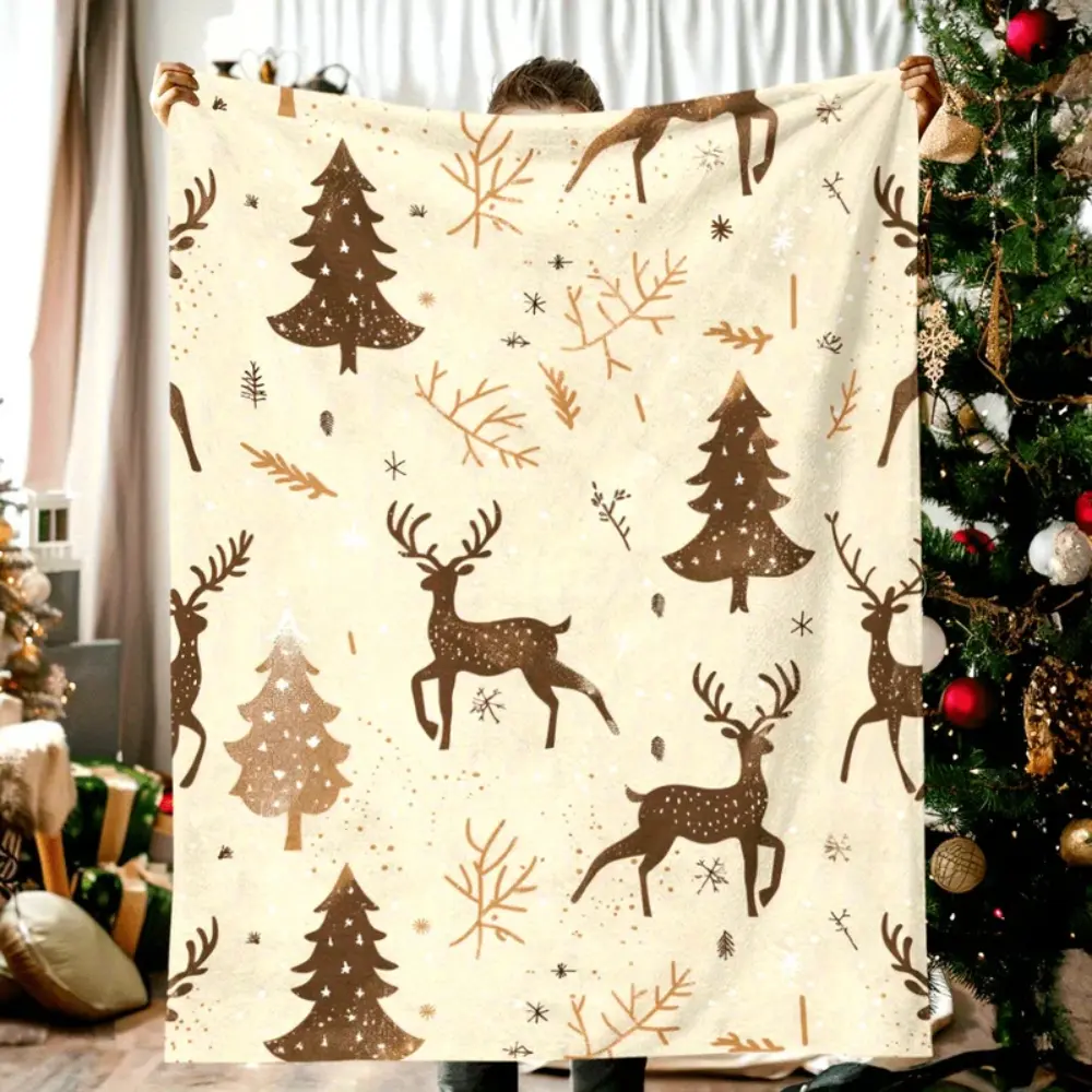 Neutral Christmas Throw Blanket, Scandinavian Deer and Christmas Tree Blanket, Minimalist Woodland Holiday Blanket with Rustic Winter Pattern, Cozy Farmhouse Christmas Decor for Couch Sofa Bed, Modern Nordic Holiday Home Gift
