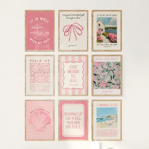 Coastal Christian Poster Wall Art,Bible Verse Prints Set of 9,Vintage Bible Verse Poster Art Prints,Pink Christian Wall Decor,Pink Bow Bible Verse Poster,Trendy Apartment Decor bedroom art print movie high-quality canvas pop culture vintage unframed optio
