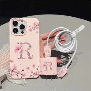 5 Piece Set Floral Letter R Phone Case, Charger Head Cover, Cable Protector, Storage Rope, Anti-Drop Tpu Shell for iPhone Models, Phone Accessory, Protection, Casing