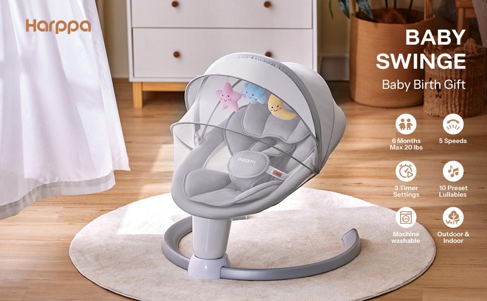 HARPPA Weddell Lite | Compact Electric Baby Swing with Music Speaker, Newborn Bouncer & Rocking Chair, Foldable Bassinet for Baby with Harness, 5 Adjustable Speeds