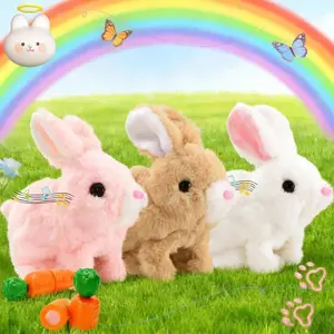 Hopping Rabbit with Carrot Interactive Electronic Pet Plush Bunny Toy with Sounds and Movements Animated Walking Wiggle Ears Twitch Nose Gift for Toddlers Birthday, Pink, 7'',Easter Bunny