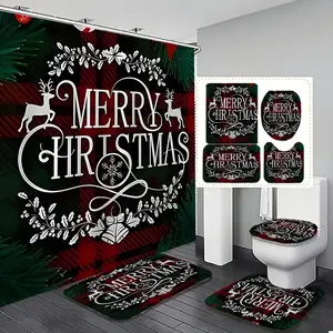1/3/4pcs Merry Christmas Festive Print Shower Curtain Set with 12 Hooks, Non-Slip Bath Mat, U-Shaped Rug, Toilet Lid Cover, Holiday Bathroom Decor, Bathroom Shower Curtains, Ideal for Home Decoration and Gift Giving