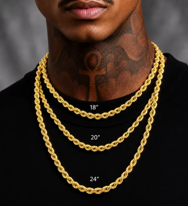 14K Gold Plated 8mm Rope Chain Necklace 18" 20" 24"