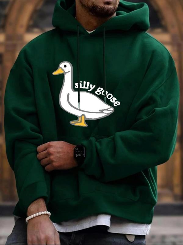 Men's Cartoon Goose Print Pocket Drawstring Hoodie, Regular Fit Casual Drop Shoulder Long Sleeve Hooded Sweatshirt, Men's Fall & Winter Clothes Sweatshirt, Hoodie, Comfort Colors