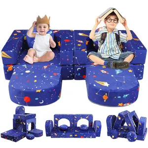 Kids Play Couch, 8 Pcs Modular Kids Sofa, Blue, Foam-Filled Cushions, Modern, Convertible, Sectional, 55.9" L x 24.4" W x 13.38" H