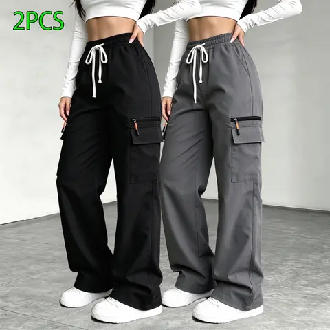 Women’s casual long pants made from thin, soft summer fabric — available in two designs: drawstring with real zipper pockets and decorative zipper pockets (no back pockets), multiple pockets, adjustable waistband.