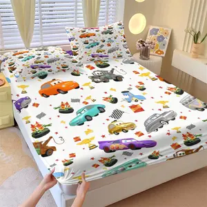 Childhood Animation Memories Full of Prints Cars Childlike Fun Print 3-Piece Fitted Sheet Set, Bed Sheets Set, Including 2 Coreless Pillowcases, Strong Wrapping, Soft and Comfortable Bedroom Bed Decoration