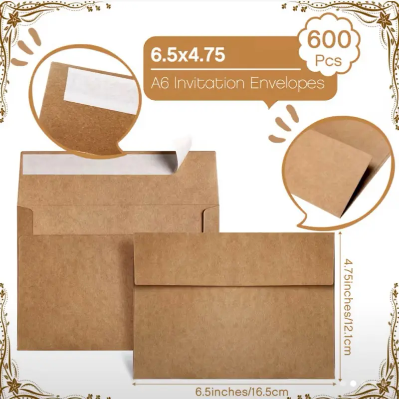 600 Pack Brown Envelopes Bulk, Kraft Envelopes for Invitation, 120 GSM Gift Card for Office, Wedding, Gift, Party, Baby Shower, Mailings
