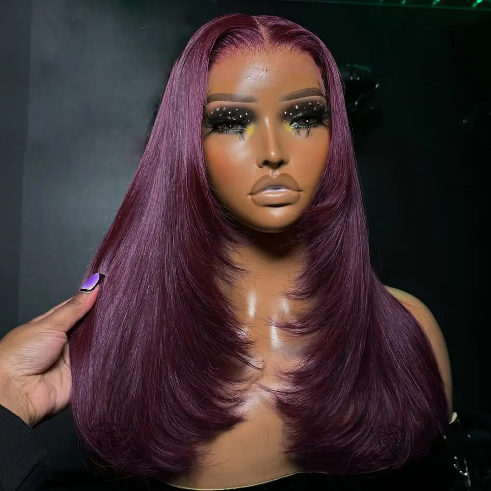 KEPHARE 210% Density Glueless Ready To Go Wig Layer Cut Pre Styled Human Hair Wigs Pre Plucked Pre Cut 5×5 HD Lace Closure Dark magenta Color & Black Pre Bleached Knots 18inch Purple Black Cherry#Summervibes