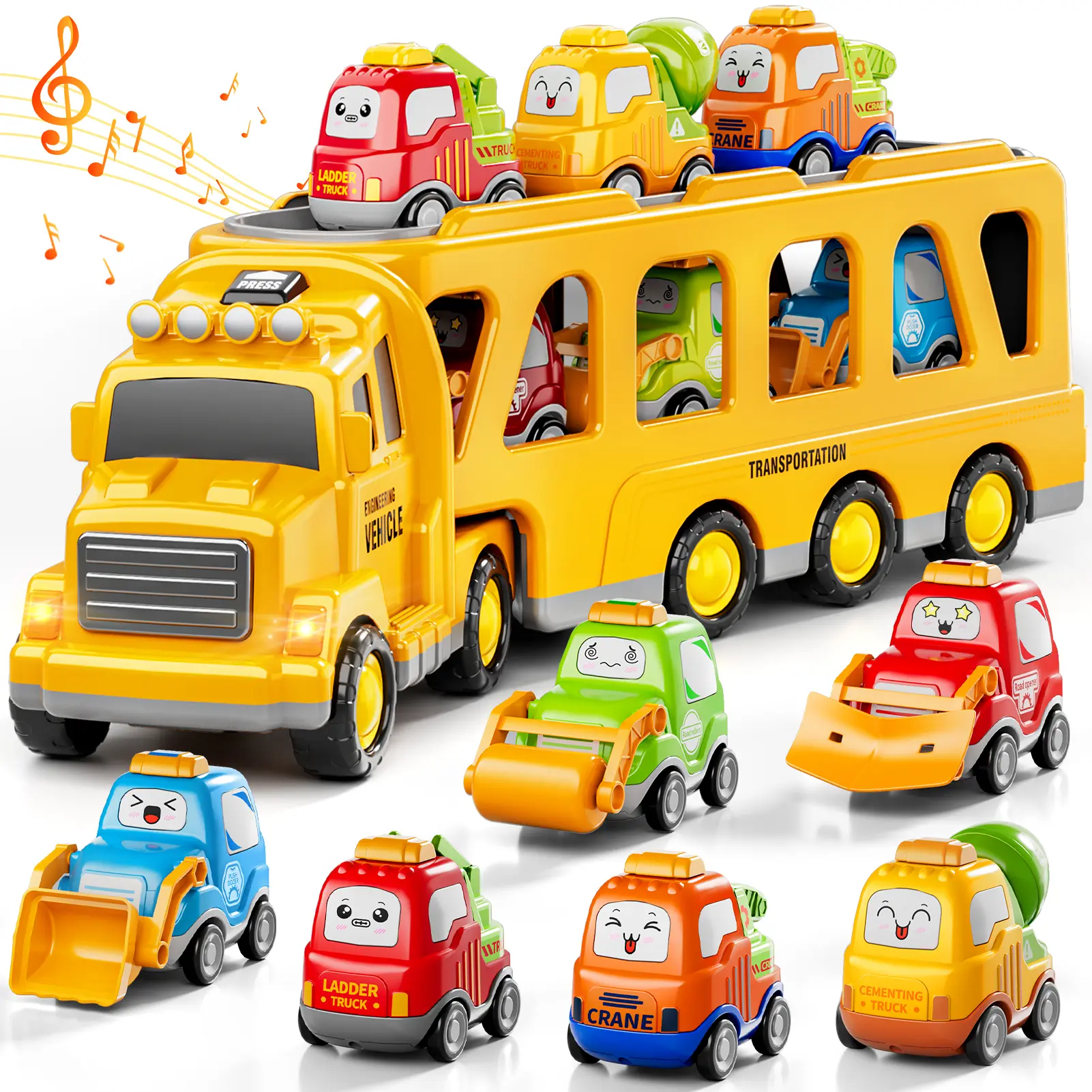 Carrier Truck Toy with Mini Construction Vehicles, 7 in 1 Kids Construction Truck Set with Excavator Dump Truck Bulldozer, Engineering Vehicle Model Cars with Storage Case, Lights Sounds Pretend Play STEM Educational Toy Gift for Boys Ages 3-6