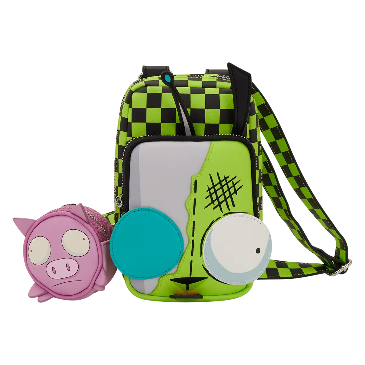 Loungefly Invader Zim GIR Checkered Polyurethane Cellphone Crossbody Bag with Adjustable Strap and Detachable Pig Coin Pouch, Gir-Themed