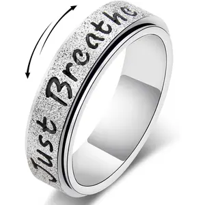 Fidget Spinner Ring for Women - Just Breathe Inspirational Hope Rings, Stainless Steel Anxiety Women's Ring for Stress Relief, Thumb Rotating Rings for Adults Jewelry Gift for Her