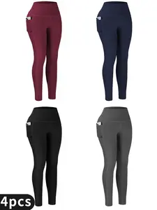 4pcs High-Waist Yoga Leggings with Pockets - Tummy Control, Slimming Effect, Stretchy & Breathable Fabric,Perfect for Yoga & Casual Attire