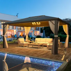 Hardtop Gazebo, 10'x12' Outdoor Polycarbonate Hardtop Gazebo Curtains Aluminum Frame with Netting for Garden, Patio, All Season Use