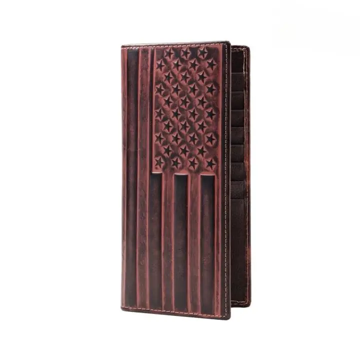 Genuine Leather RFID Blocking Brown/Black Flag Pattern Embossed Long Wallet with Card Slots, Vintage Western Cowboy, Retro Bifold Card Holder