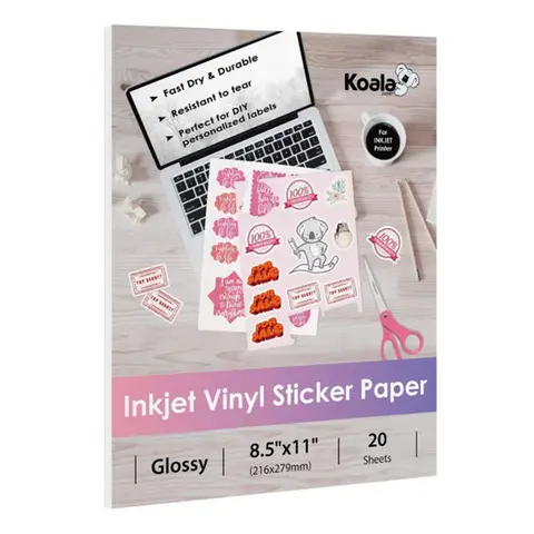 Koala Glossy Waterproof Vinyl Sticker Paper – 8.5x11" Full Sheets for Inkjet, Ideal for Custom Decor & DIY Crafts