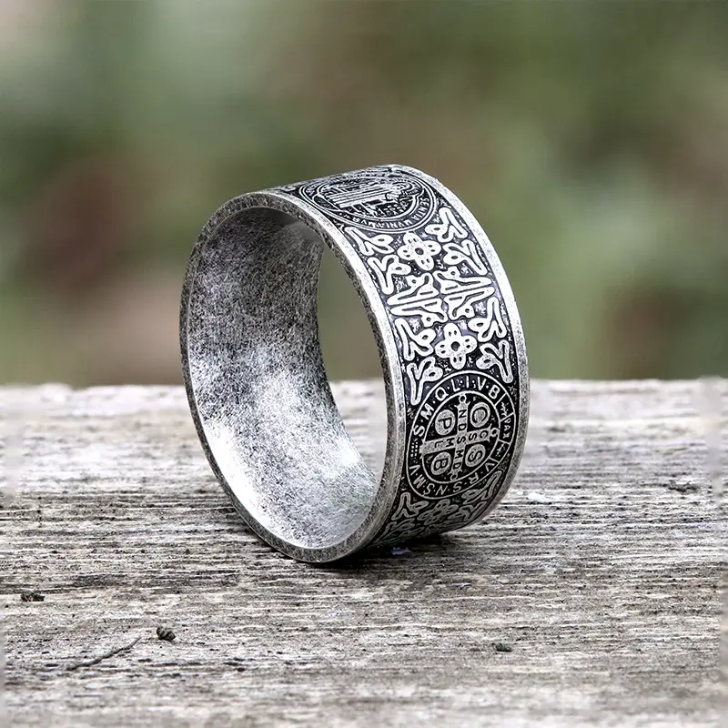 GTHIC St. Benedict Medal Stainless Steel Cross Ring for Men Women Daily Wear Fashion Jewelry