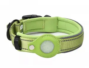 Double Reflective AirTag Dog Collar & Leash Set | Heavy Duty Padded Nylon with Secure Screw-In AirTag Holder | Safety Night-Walk