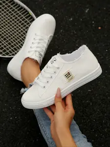 Women's Spring Summer Canvas Shoes, Casual Versatile Low Top Athletic Trainer Sneakers, Striped PU Leather Flat Sports Board Shoes, All Seasons