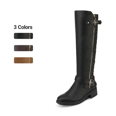 Dream Pairs Women's Low Heel (1-3 cm) Fashion Boots - Knee-High Riding Style, Quilted, Faux Fur Lined, Black Regular Calf, Wide Calf Fit, Instep Zip, Buckle Strap, Platform, TPR Rubber Sole Winter Footwear for Back to School