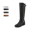 Dream Pairs Women's Low Heel (1-3 cm) Fashion Boots - Knee-High Riding Style, Quilted, Faux Fur Lined, Black Regular Calf, Wide Calf Fit, Instep Zip, Buckle Strap, Platform, TPR Rubber Sole Winter Footwear for Back to School