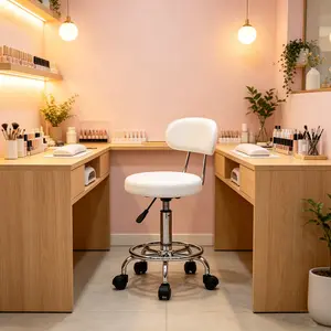 White Round Adjustable Salon Stool with Backrest Portable Rolling Chair for Beauty Hairdressing Work Use