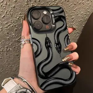 Personalized Black Snake Pattern Shockproof Phone Case for iPhone X Xsmax 11 12 13 14 15 16 Pro Max Plus Anti-Drop Protective Cover Trendy Durable