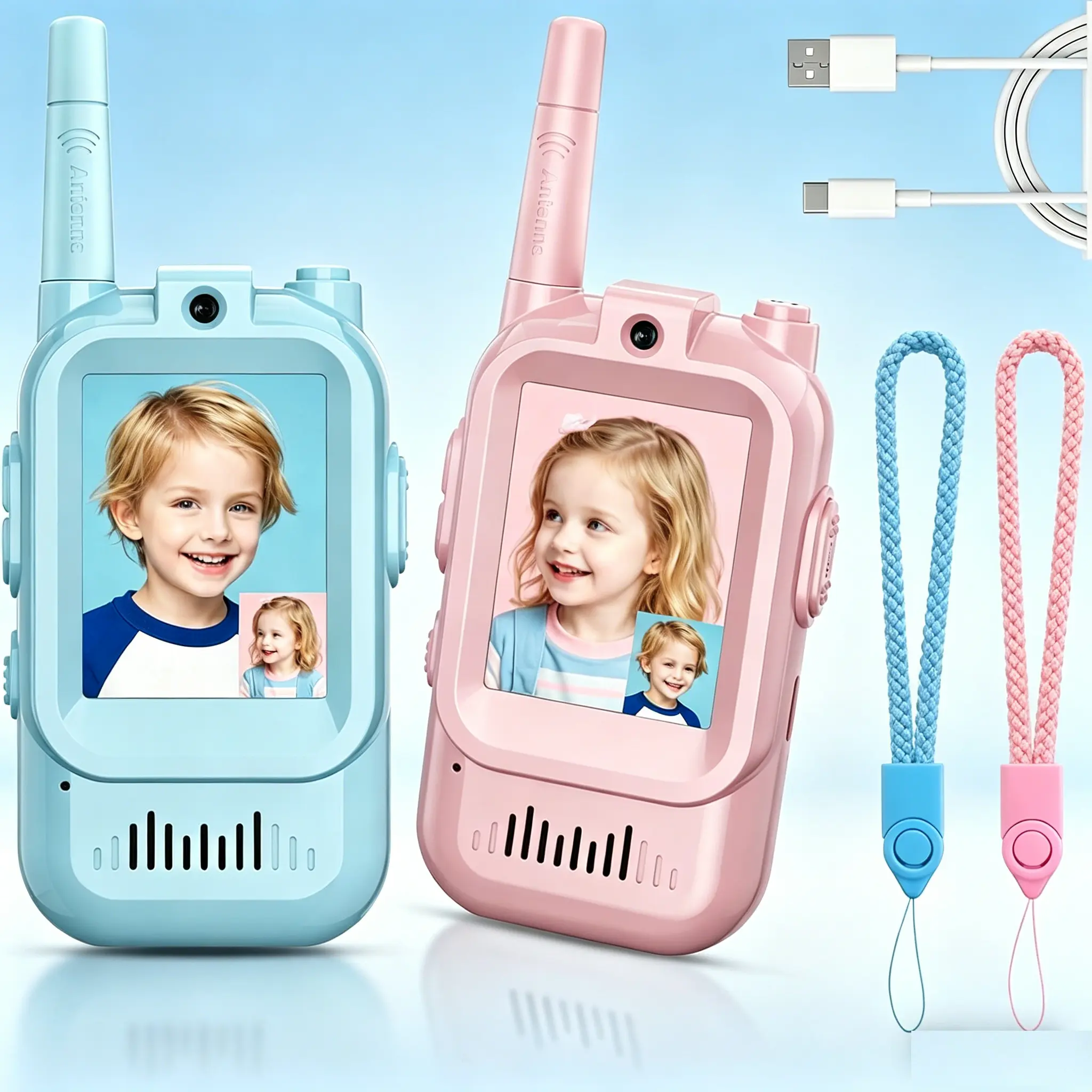 Kids Video Call Walkie Talkies (2-Pack) - Type-C Rechargeable, Long Range, No WiFi Required Interactive Toys with Lanyard, Outdoor Camping Hiking Gifts for Girls’ Birthdays
