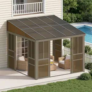 9.5x9.5FT Wall Mounted Sunroom Kit with Lockable Sliding Doors, Adjustable Polycarbonate Windows, Outdoor Solarium for Patio, Garden & Deck, Gray/Brown