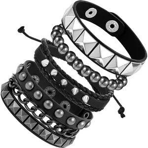 4 count Studded Bracelets, Spiked Leather Punk Rock Cuff Bracelet Adjustable Goth Bracelets for Men Women 80s Emo Accessories Gothic