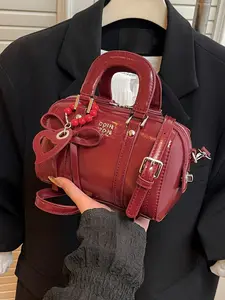 Vintage light luxury style elegant atmosphere small square bag, multi back fashionable wine red practical texture single shoulder handbag, with bead and bow pendant design, suitable for dates and parties