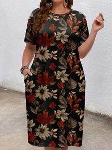 Women's Vintage Floral Leaf Print Plus Size Soft Skin-Friendly Short Sleeve Nightgown, Boudoir Nighty, Comfortable Loungewear for Home Use, Nightwear, Womenswear