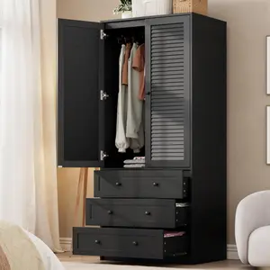 Modern Wooden Armoire Wardrobe with 3 Drawers and 2 Doors – Tall Standing Closet for Hanging Clothes, Heavy Duty for Bedroom