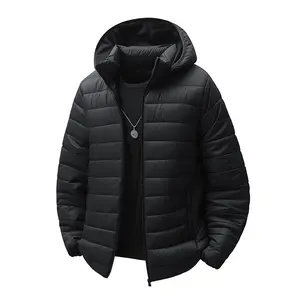 Men's Black Hooded Quilted Puffer Jacket, Warm Winter Casual Lightweight Padded Coat