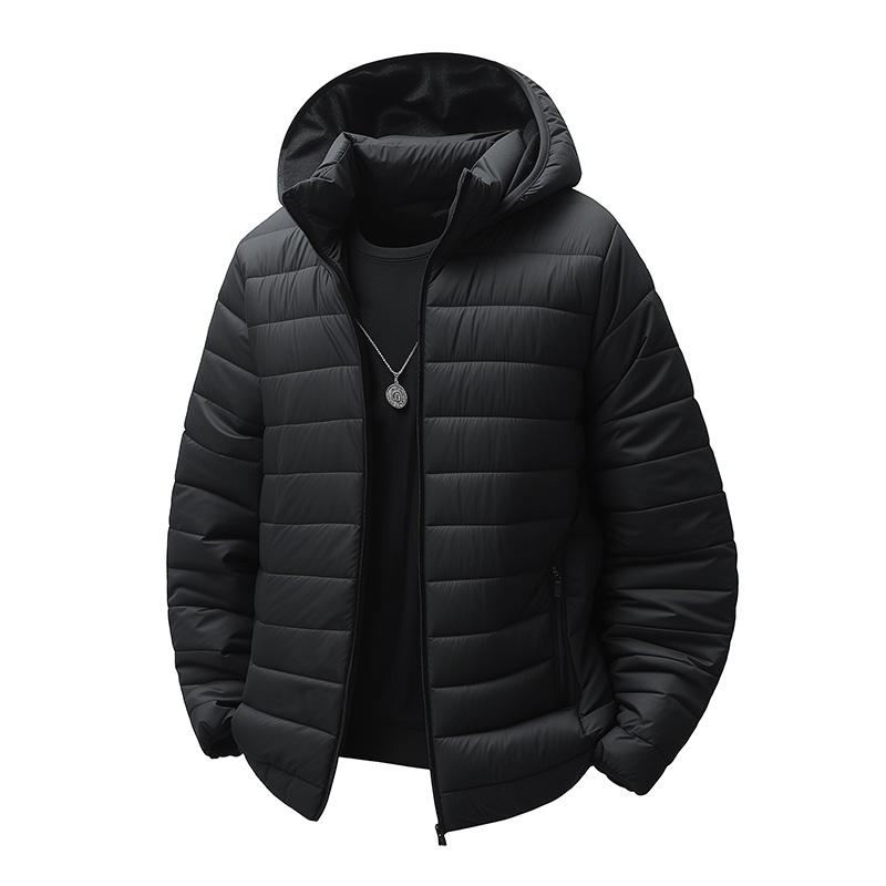 Men's Black Hooded Quilted Puffer Jacket, Warm Winter Casual Lightweight Padded Coat