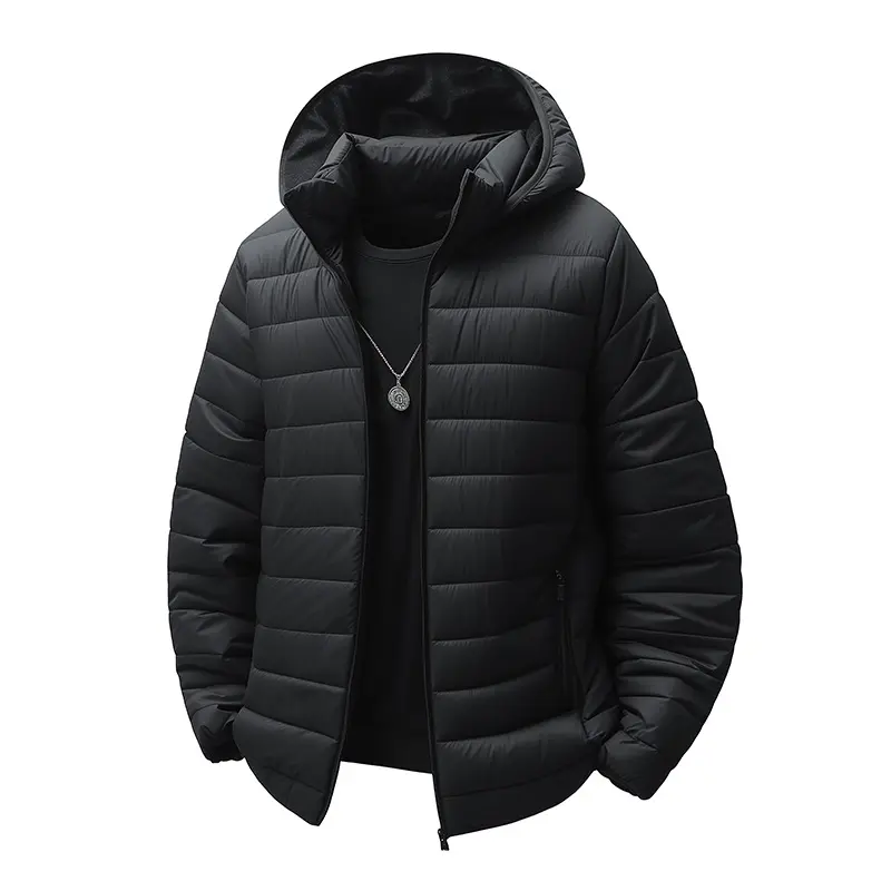 Men's Black Hooded Quilted Puffer Jacket, Warm Winter Casual Lightweight Padded Coat