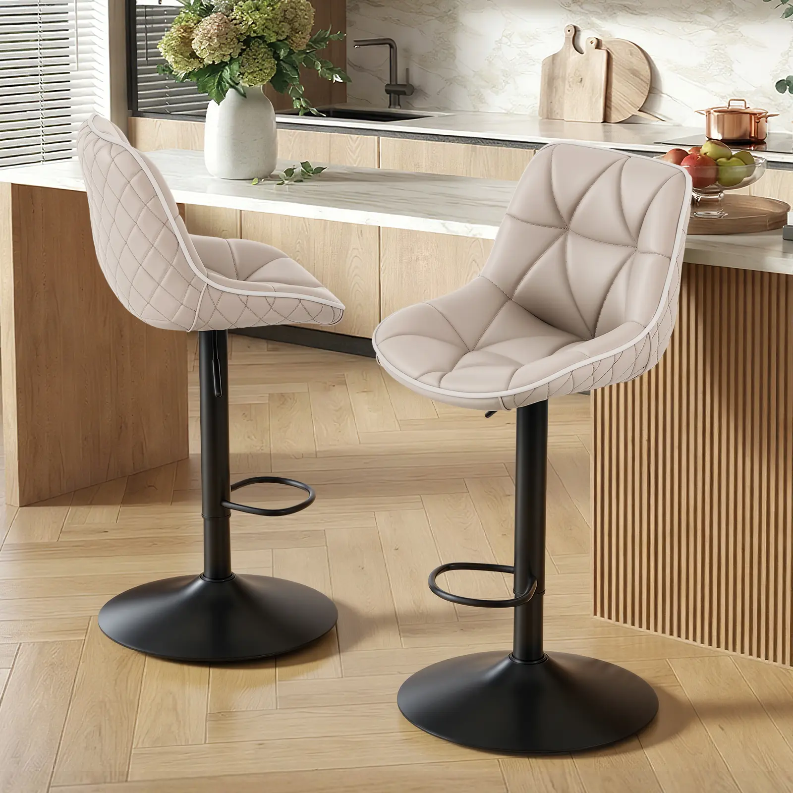 Modern Swivel Bar Stools Set of 2, Height Adjustable Counter Height Stools with Backrest & Footrest, Upholstered Diamond Tufted Leather Barstools for Kitchen Island, Home Bar,